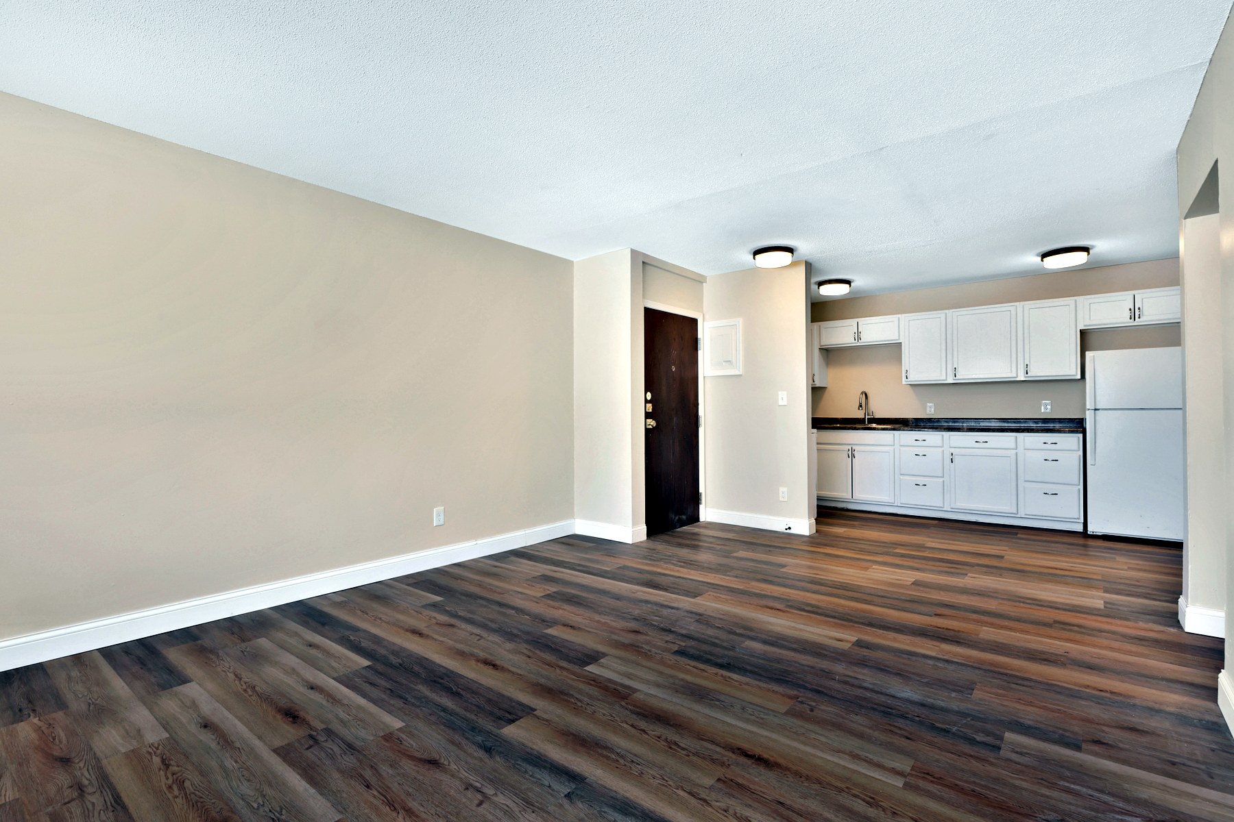 A freshly renovated open room with wood floors and natural light